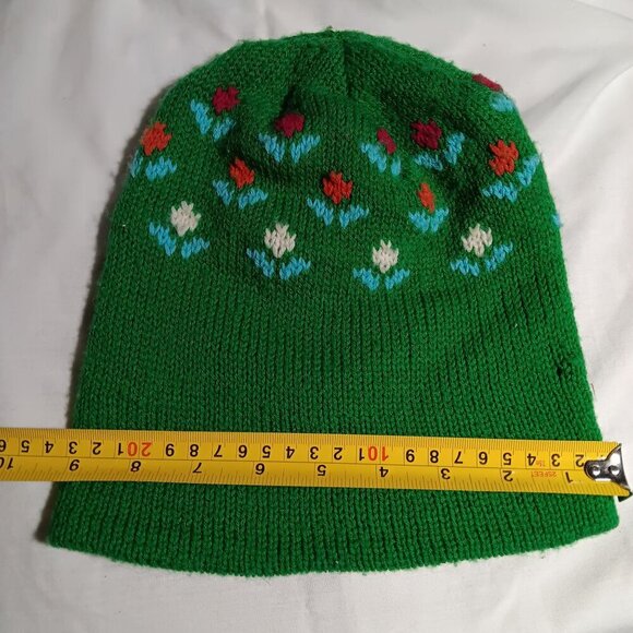 Vintage 1980's Boys Girls Medium Knitted Green Beanie Cap Floral Pattern - Picture 5 of 7